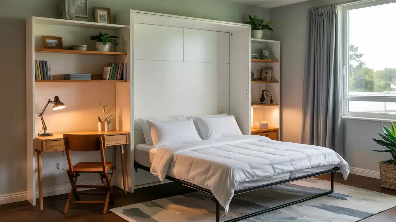 Multi-purpose guest room with a Murphy bed, built-in shelves, and a small desk workspace beside the bed