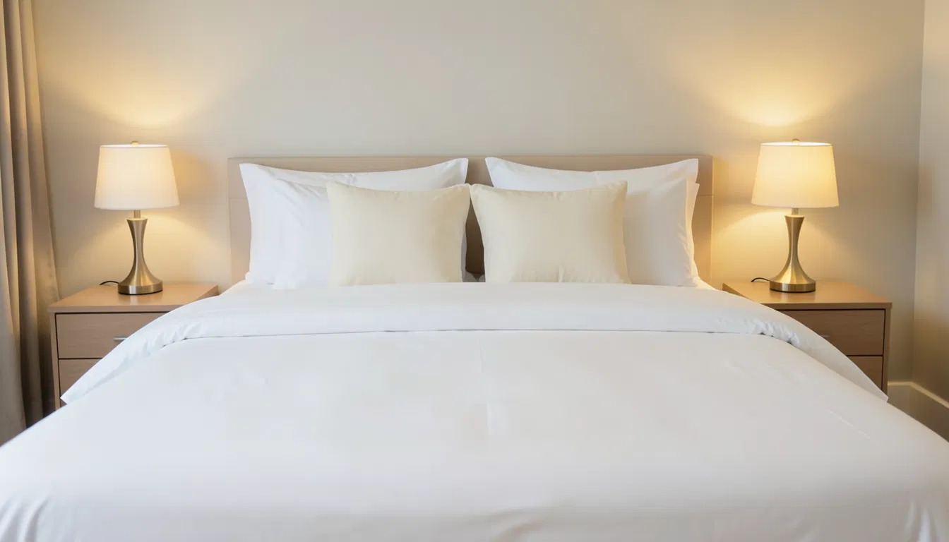 Neatly made bed with white bedding, decorative pillows, and matching bedside lamps on wooden nightstands in a cozy bedroom.