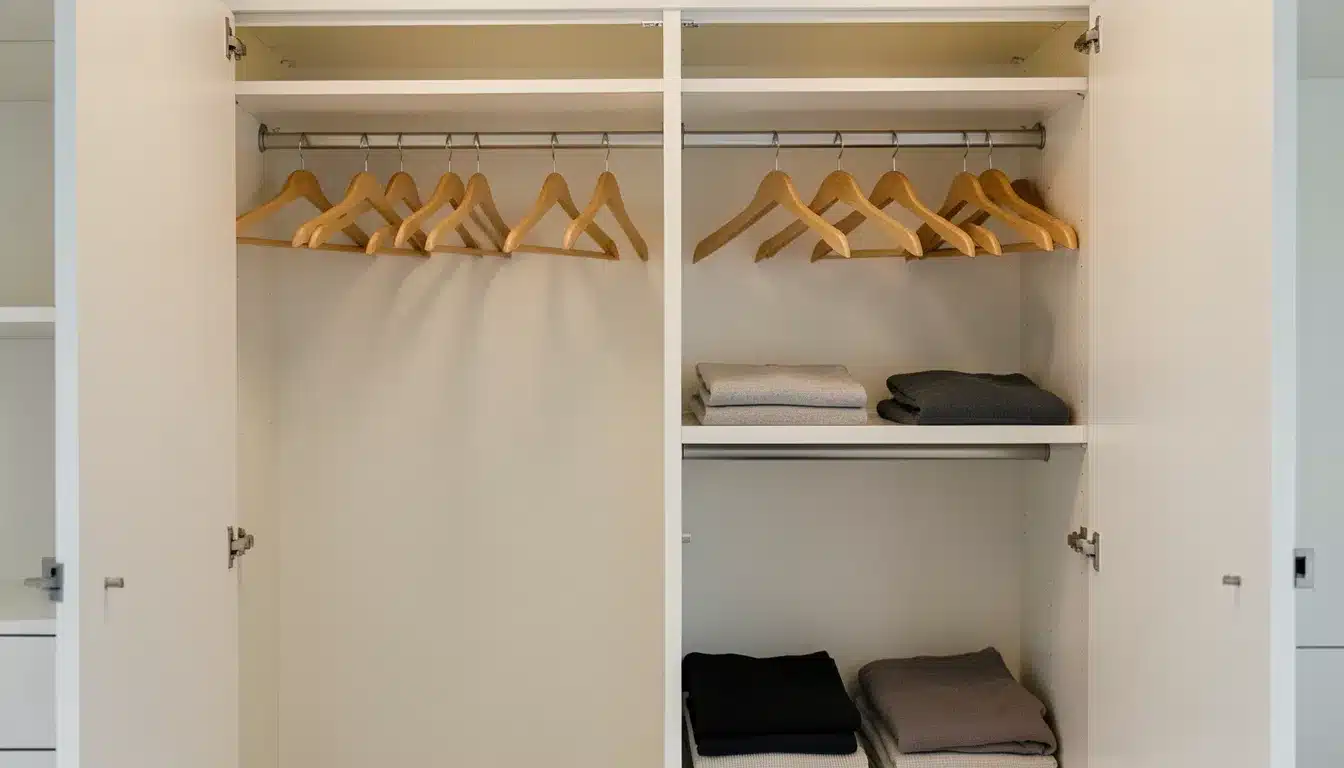 Open guest room closet with wooden hangers on a rod and neatly folded clothes on shelves, providing organized storage space for visitors.