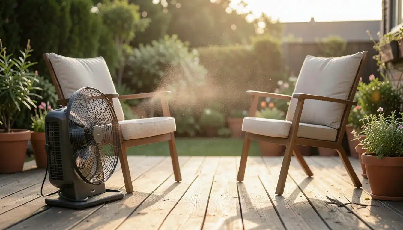 Outdoor patio seating with chairs and a fan blowing air to help keep mosquitoes away.