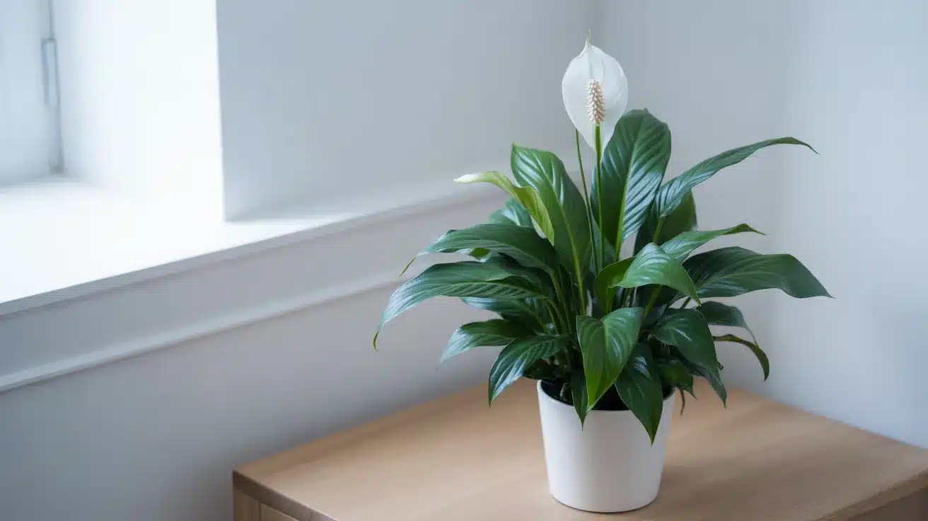 Peace lily houseplant with glossy green leaves and a white bloom in a pot placed on a wooden table near a window.