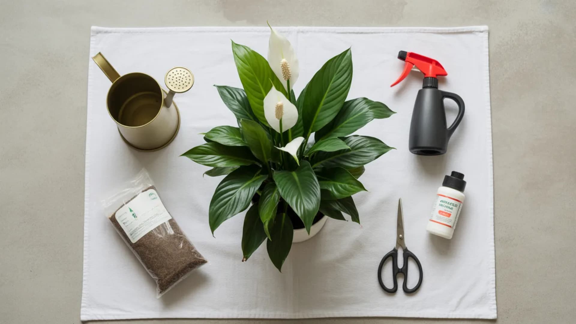 Peace lily plant surrounded by gardening tools, including a watering can, spray bottle, scissors, fertilizer, and soil on a white cloth.