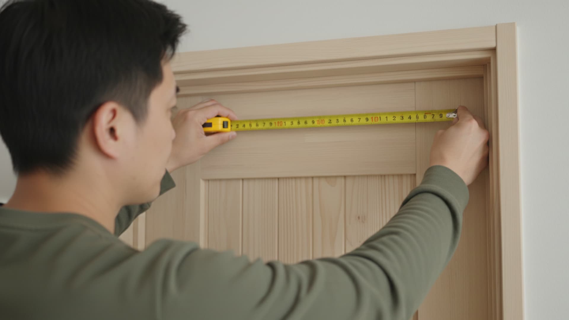 Person measuring the width of a wooden door frame with a tape measure while checking dimensions for a slab door installation.