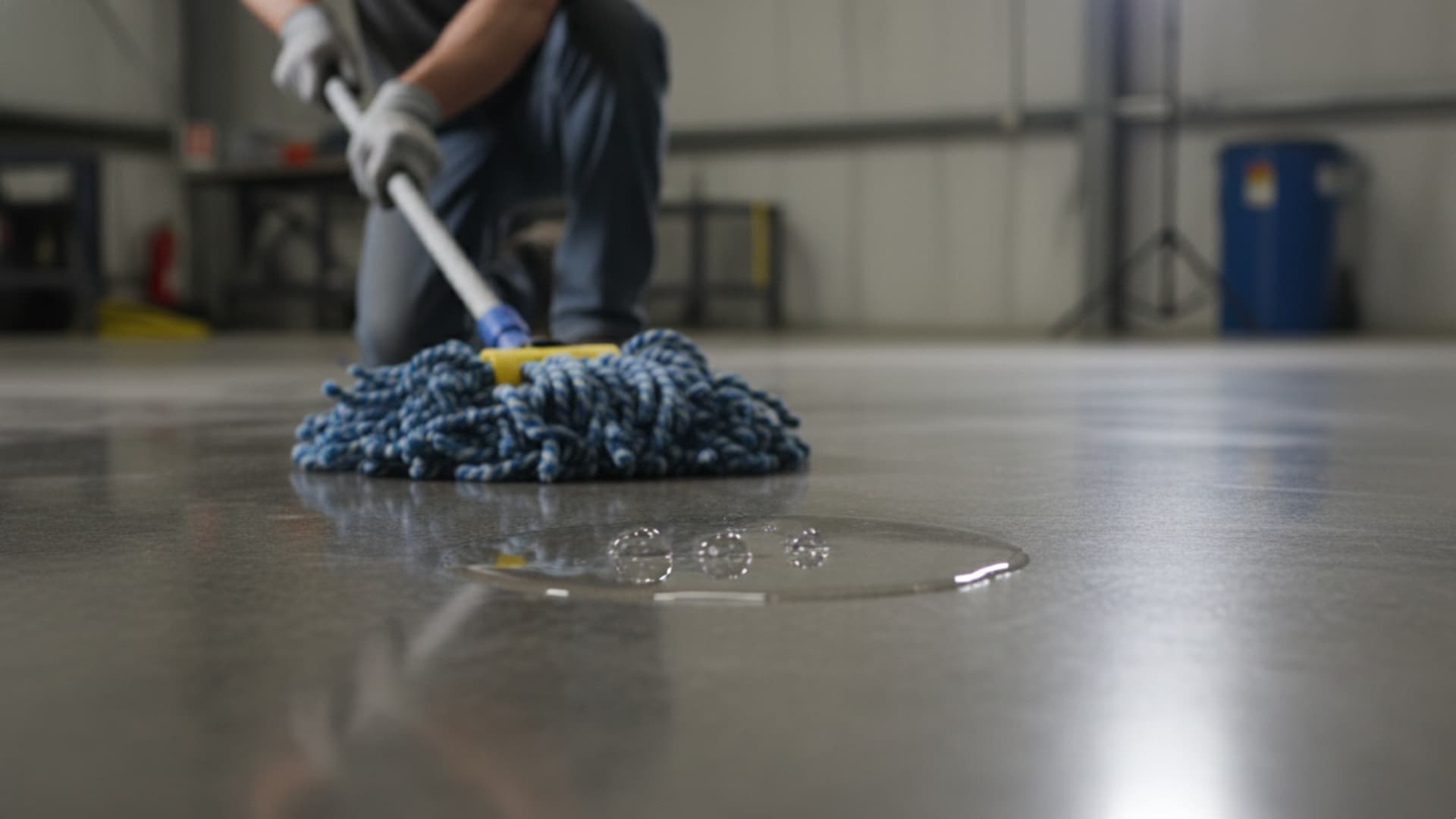 Person mopping a coated concrete floor in a garage, demonstrating routine cleaning and maintenance of epoxy or polyaspartic flooring.