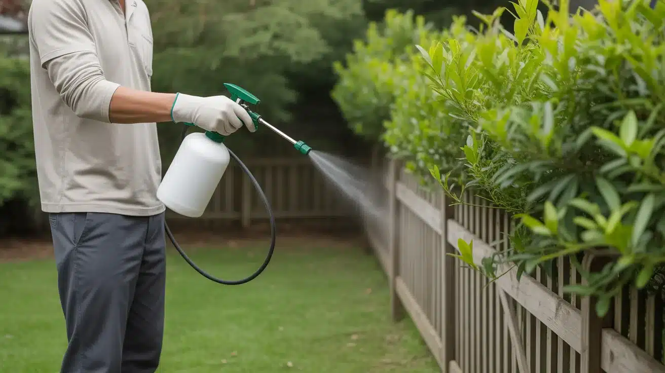 Person spraying mosquito repellent treatment along backyard bushes and fence using a handheld garden sprayer.