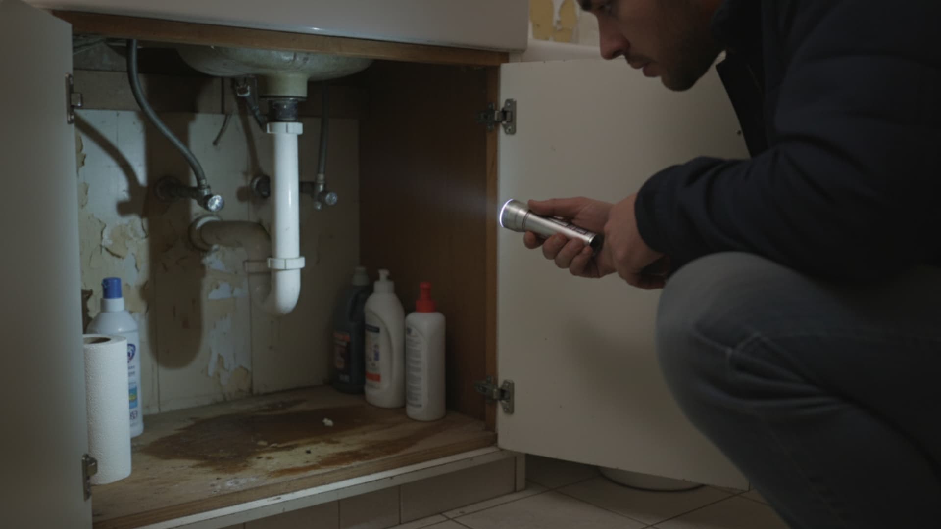 Person using a flashlight to inspect a damp area under a sink cabinet, checking for dark, humid spots where mosquitoes may breed indoors.