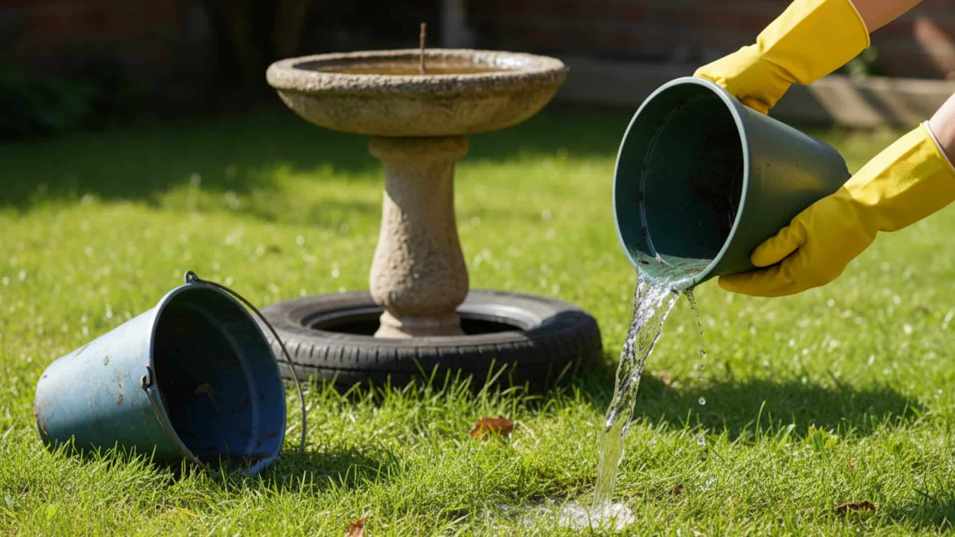 Person wearing gloves pouring out standing water from a container near a birdbath to prevent mosquito breeding.