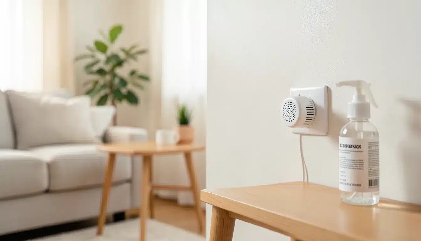 Plug-in mosquito repellent diffuser and spray bottle placed on a small table in a bright living room for indoor mosquito control.