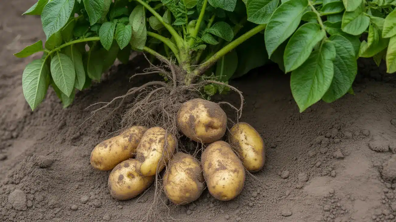 Potato plant with exposed roots showing freshly grown potatoes still attached in the soil beneath green leaves.