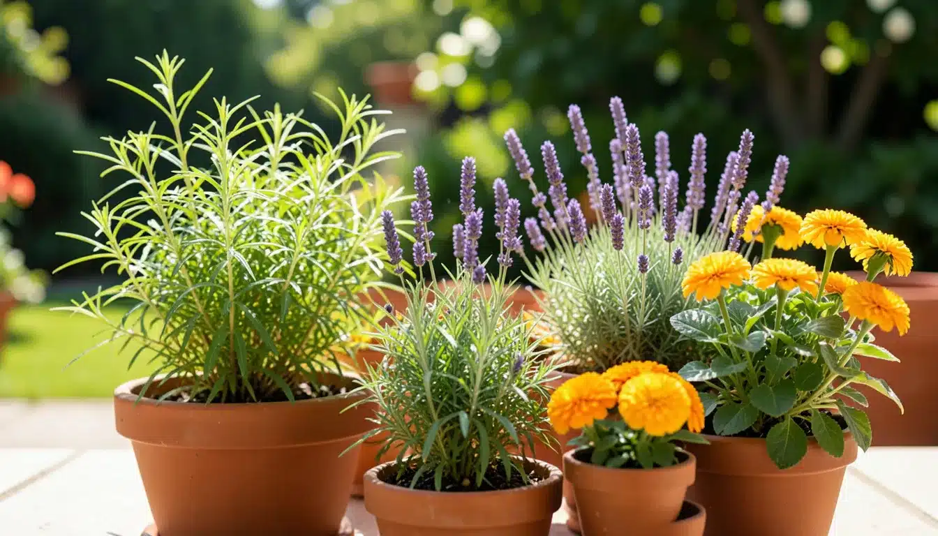 Potted mosquito-repelling plants, including lavender, rosemary, and marigolds, arranged on an outdoor patio.