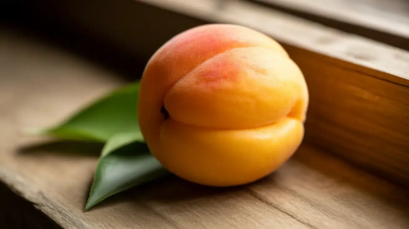 Ripe apricot with soft orange-yellow skin and a slight red blush resting on a wooden surface with green leaves.