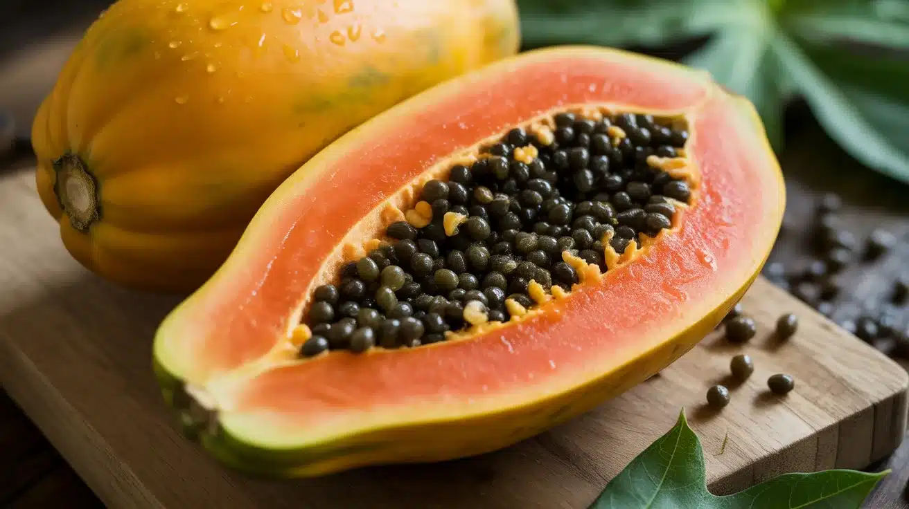 Ripe papaya cut in half, showing black seeds and orange flesh, placed on a wooden board with green leaves in the background.