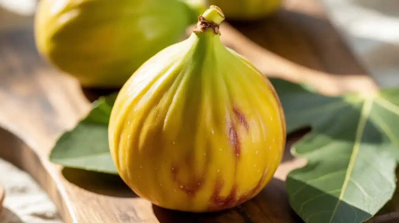 Ripe yellow fig with light green tones and subtle red spots placed on a wooden surface with green leaves.