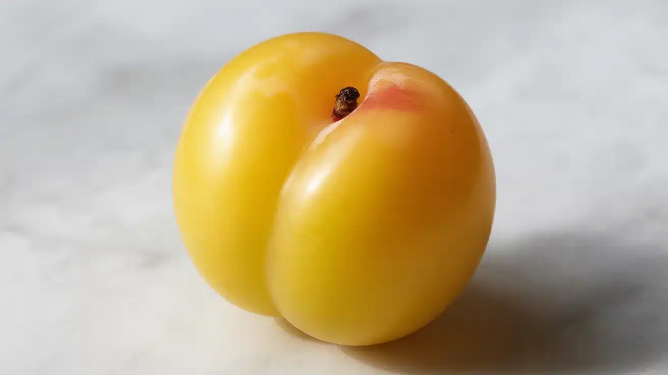 Ripe yellow plum with smooth, glossy skin and a slight red blush placed on a light marble surface.