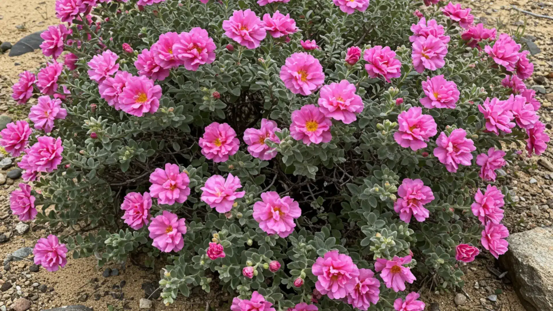 Rockrose shrub with crinkled white flowers growing in a dry, rocky garden setting.
