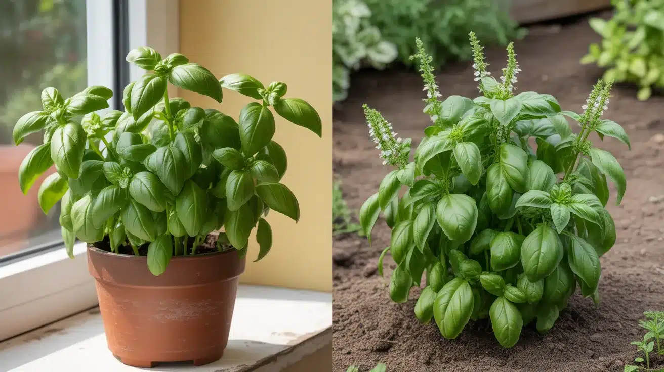 Side-by-side comparison of basil growing in a pot on a windowsill and basil growing in garden soil with flowering stems.