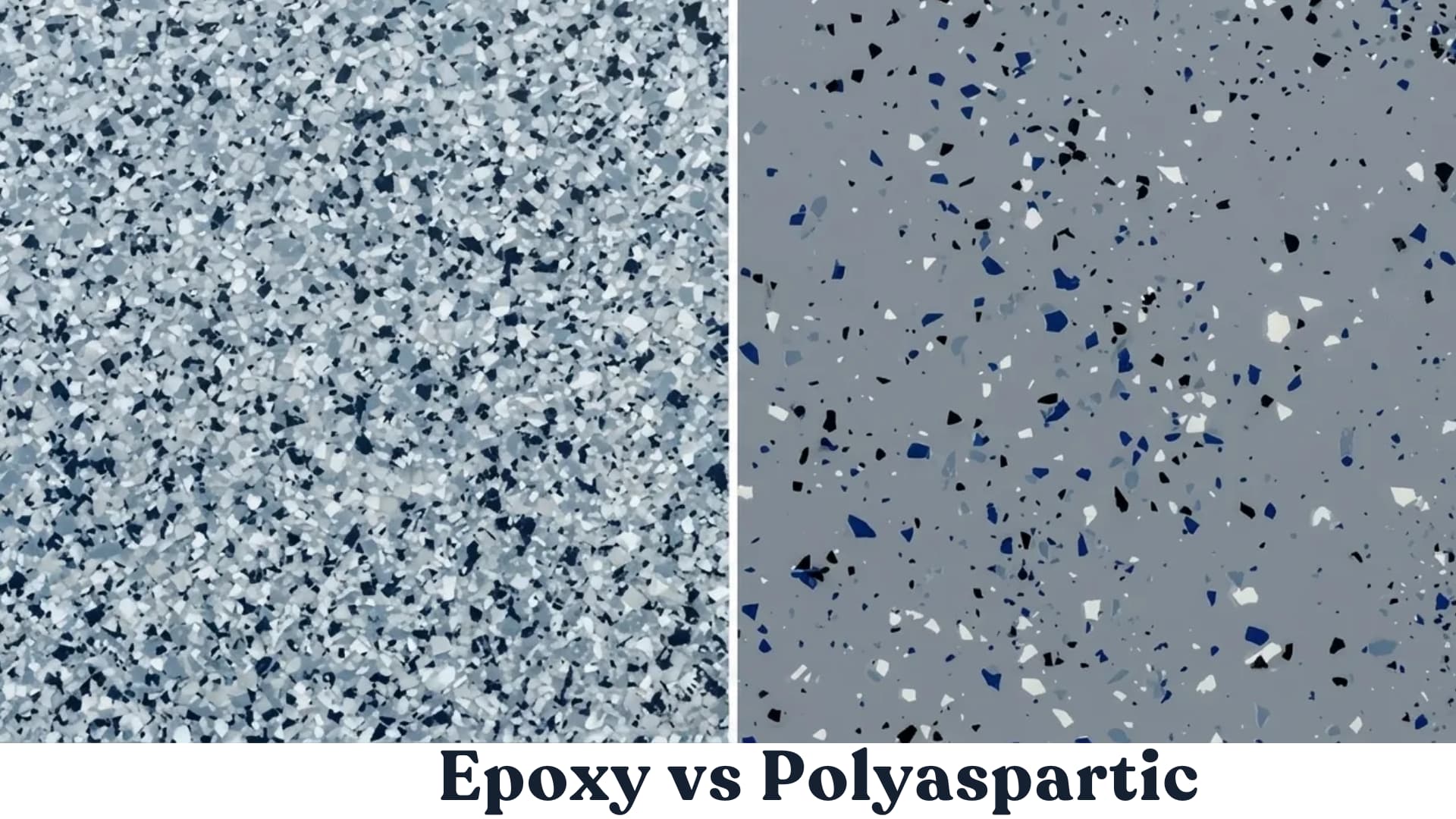 Side-by-side comparison of garage floor coatings showing dense multicolor flakes in epoxy flooring on the left and a smoother gray polyaspartic floor with scattered flakes on the right.