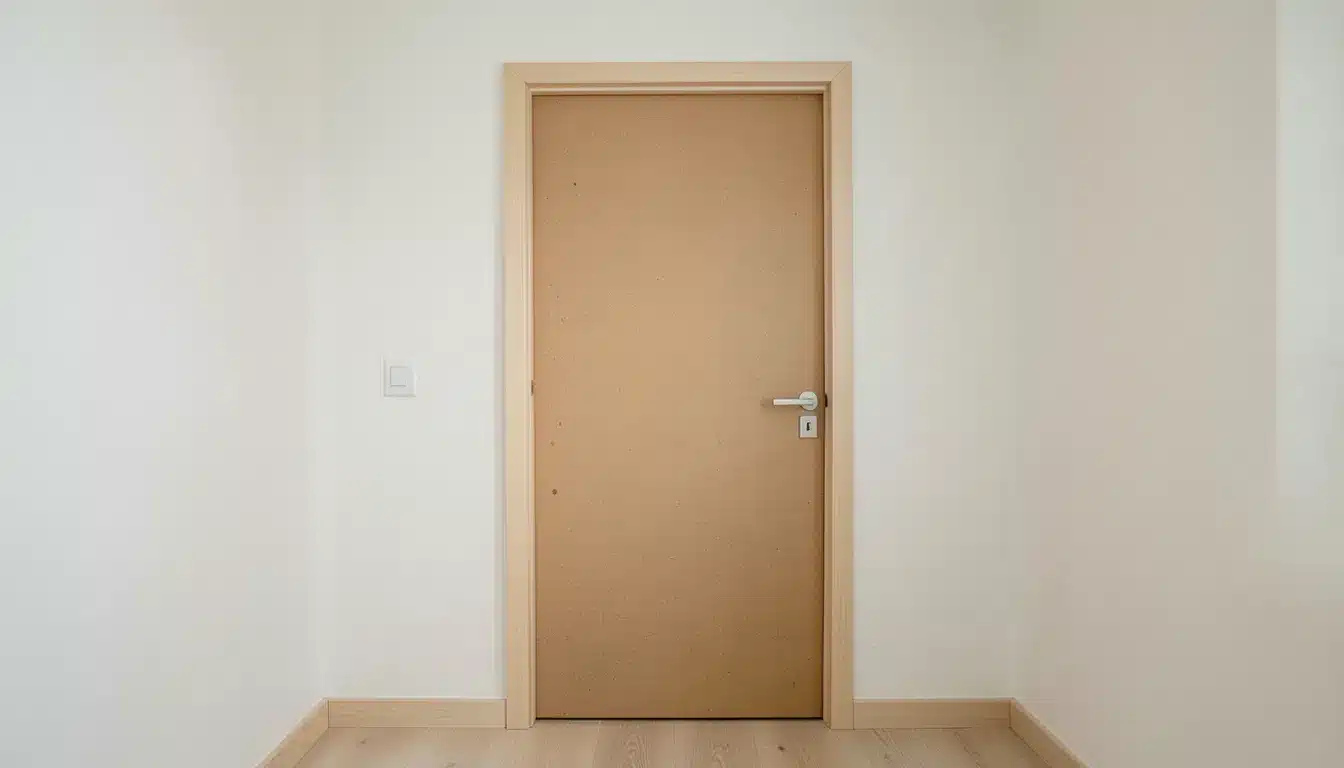 Simple hollow-core slab door with a light wood frame and silver handle installed in a plain white interior wall.