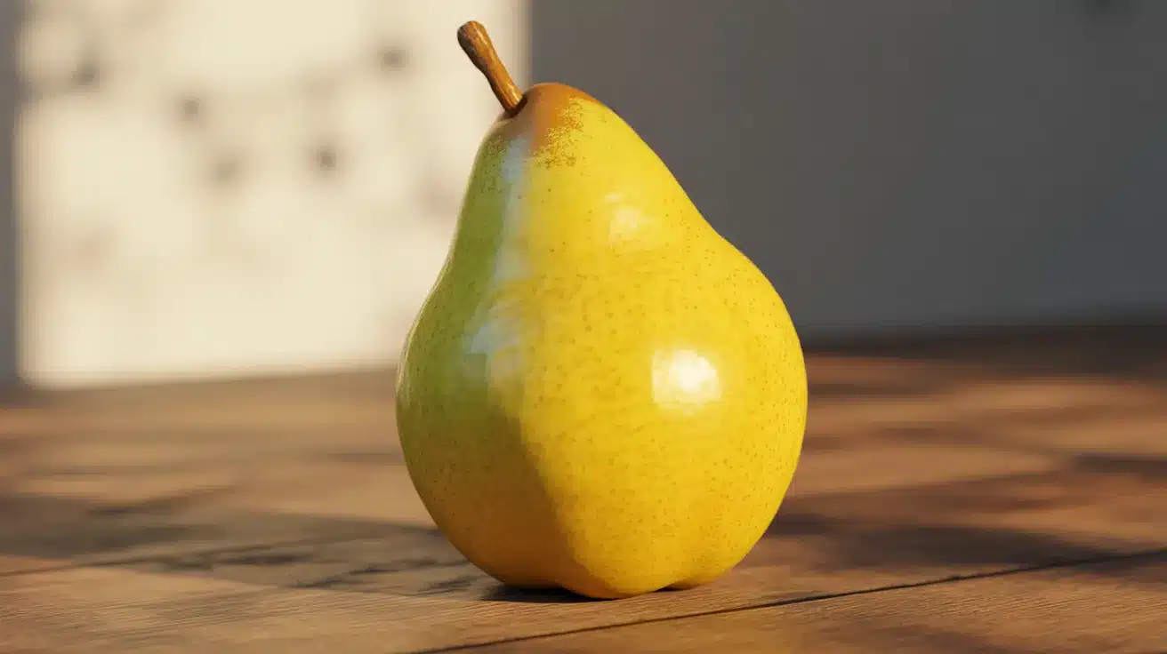 Single ripe yellow pear with a brown stem placed on a wooden surface in warm sunlight.