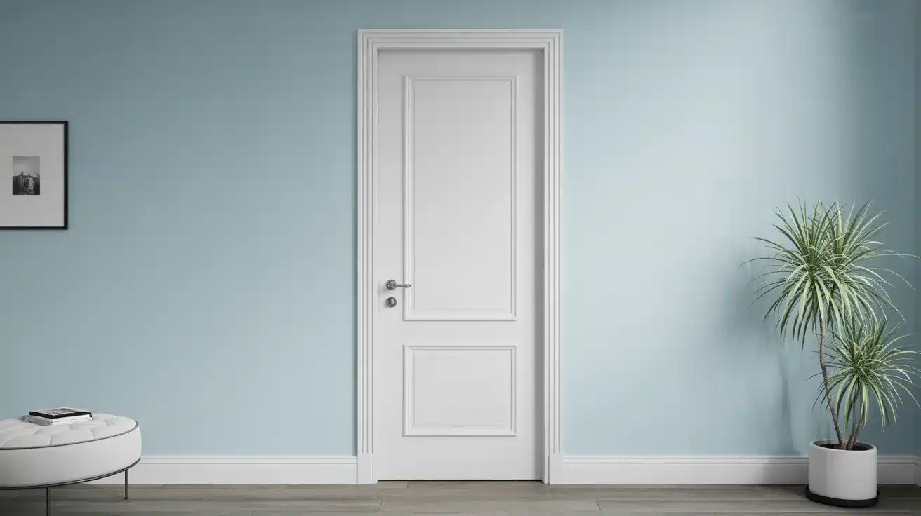 Solid-core slab door painted white with simple recessed panels, installed in a light blue interior wall with white trim and a potted plant nearby.