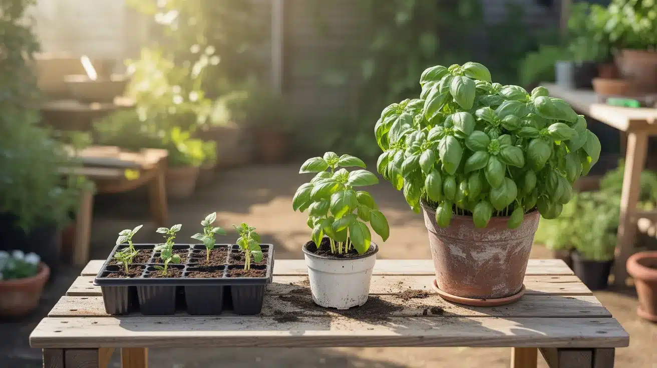 Step-by-step basil growth stages showing seedlings in a tray, a young basil plant in a small pot, and a mature basil plant in a larger pot on a garden table.