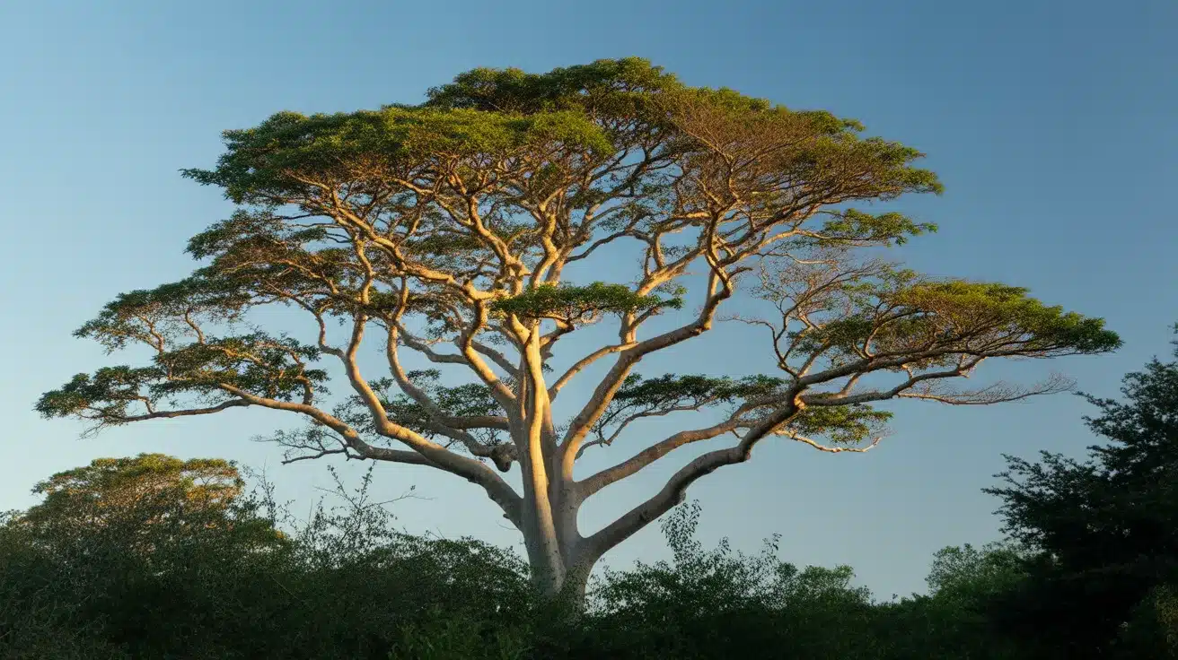 Tall kapok tree with a wide, umbrella-shaped canopy and spreading branches rising above surrounding vegetation against a clear blue sky.