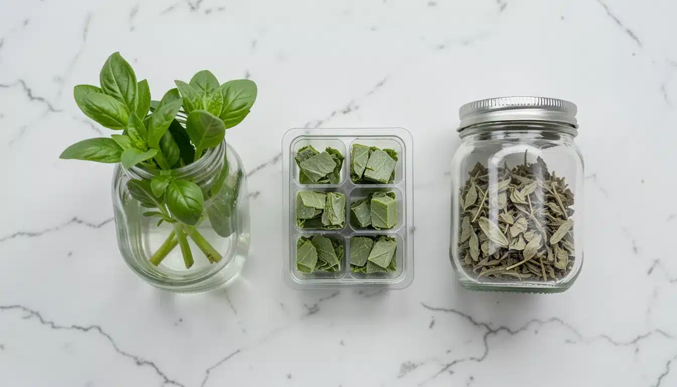 Three basil storage methods showing fresh basil stems in a jar of water, frozen basil cubes in an ice tray, and dried basil leaves stored in a glass jar on a marble surface.