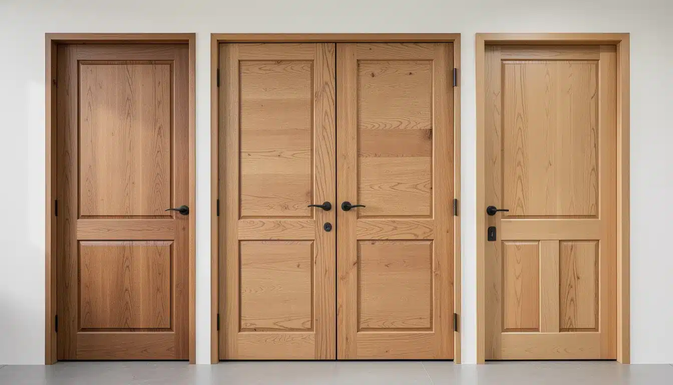 Three solid wood interior slab doors with natural grain panels and black handles, displayed side by side against a plain wall.
