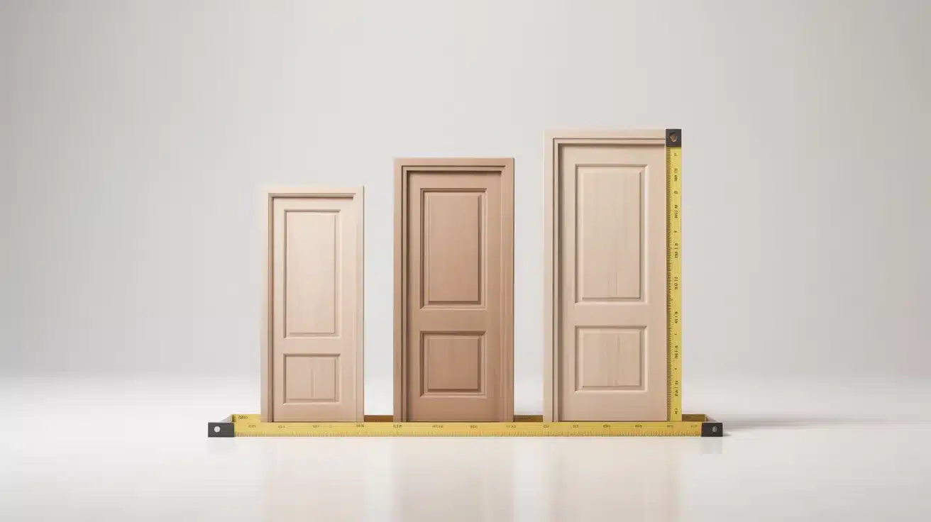 Three wooden panel doors in different heights placed side by side on a white background, with measuring tape along the bottom and right side showing standard slab door size comparisons.