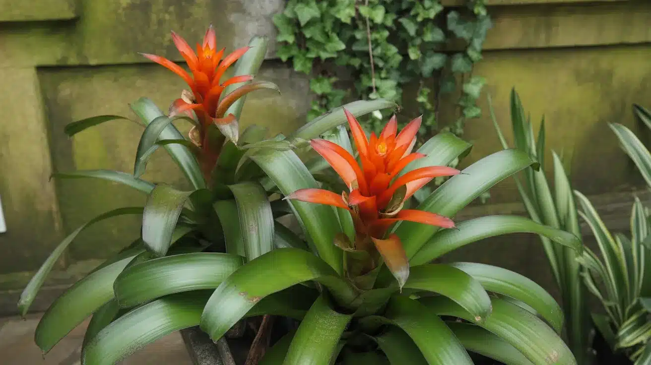 Two bromeliad plants with bright orange star-shaped flowers and long green leaves growing in a garden setting.