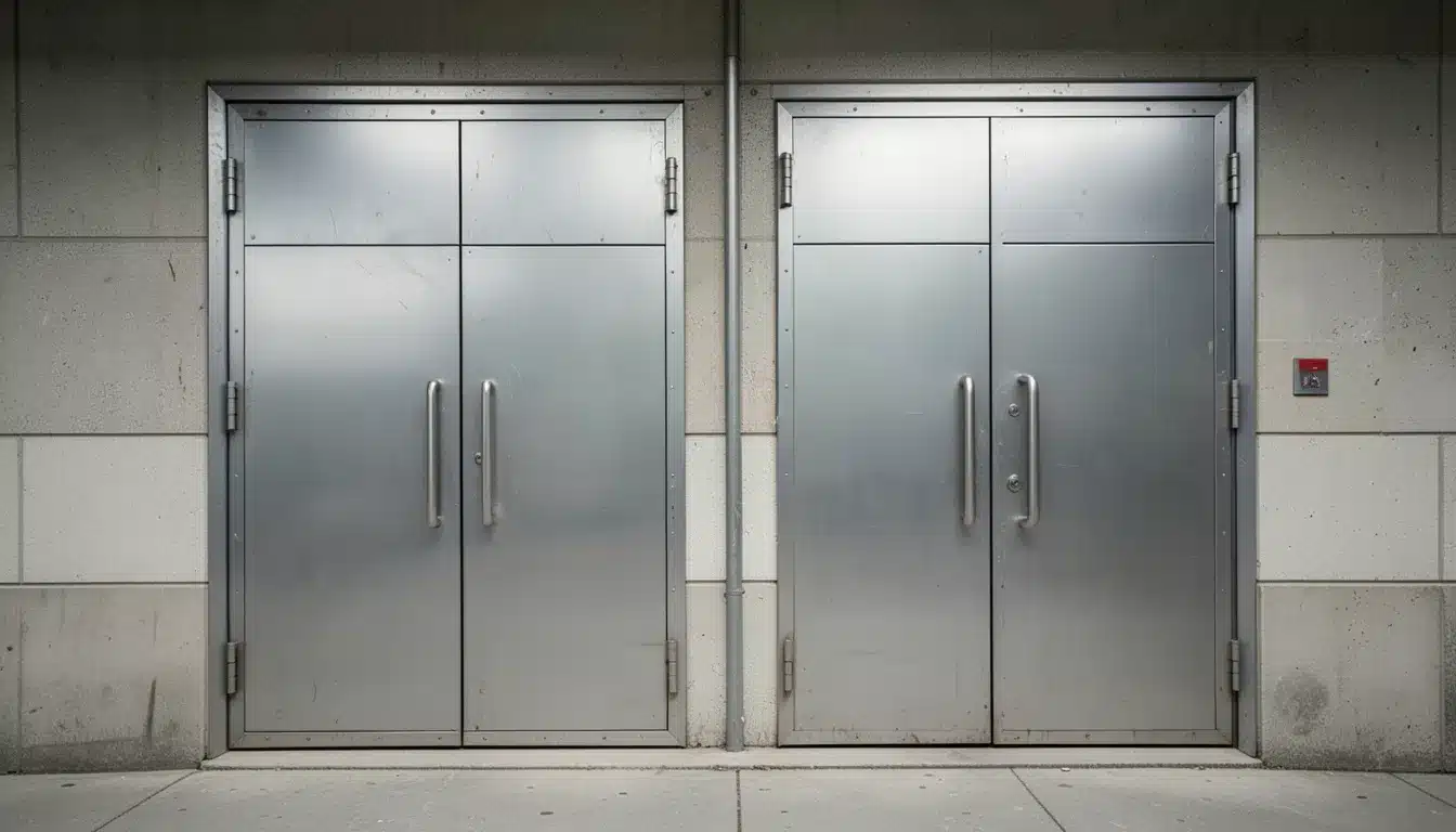 Two industrial metal slab doors with vertical handles installed in a concrete wall, commonly used for commercial or utility entrances