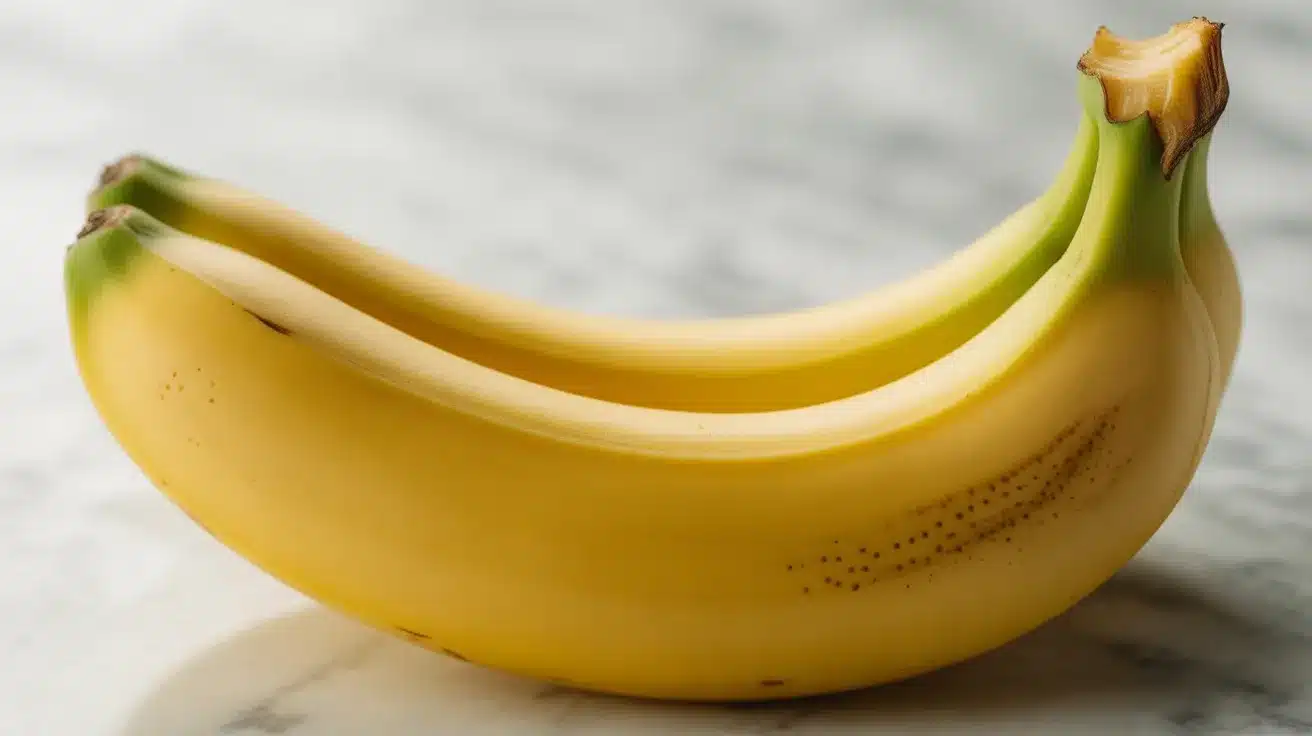 Two ripe yellow bananas with green tips resting on a light marble surface.