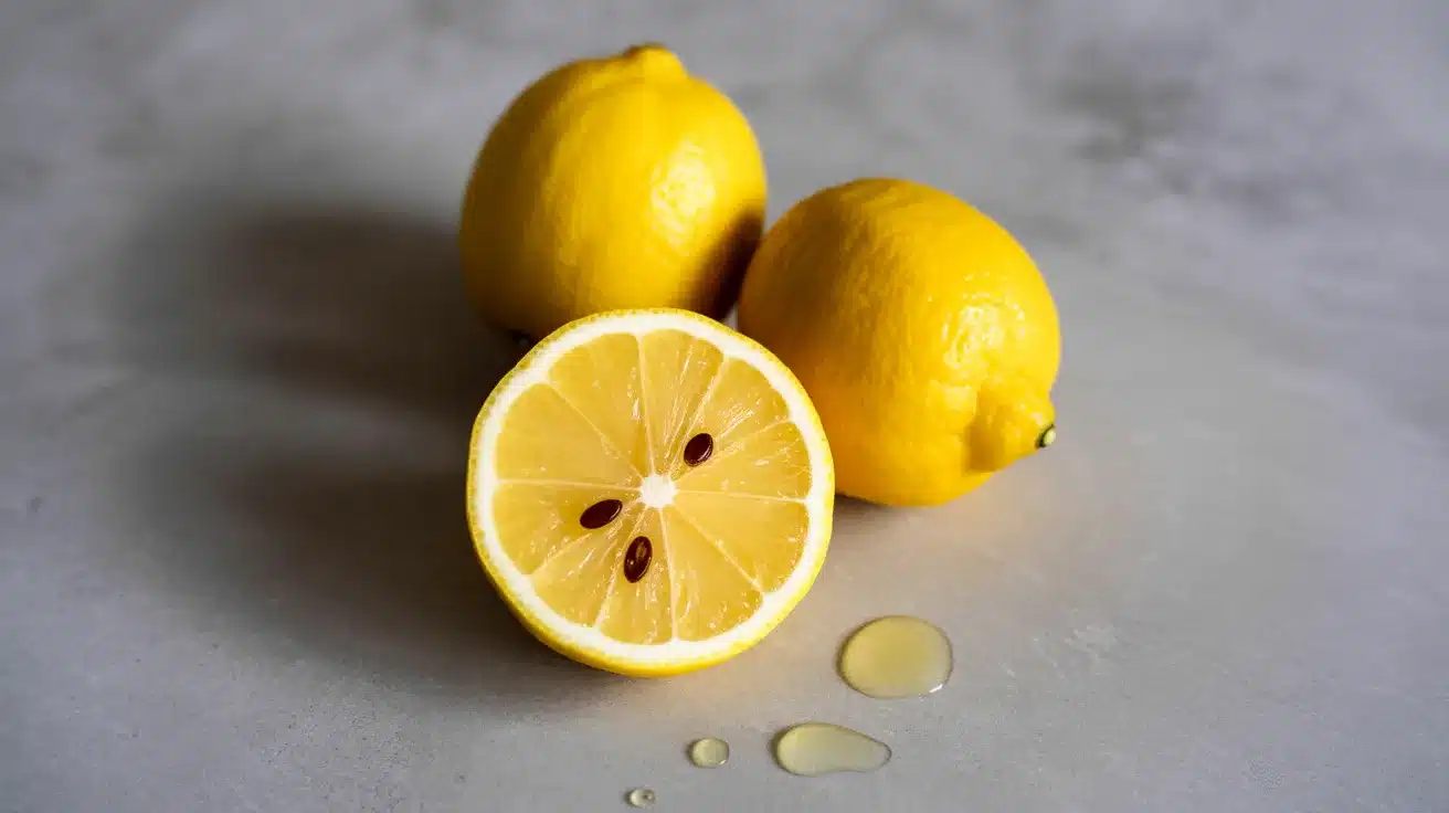 Two whole lemons and one sliced lemon half with visible seeds placed on a light surface with drops of lemon juice.