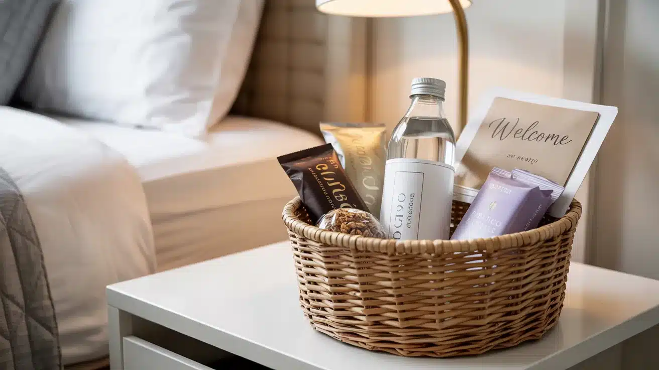 Welcome basket on a guest room nightstand with snacks, toiletries, a water bottle, and a welcome card beside a neatly made bed.