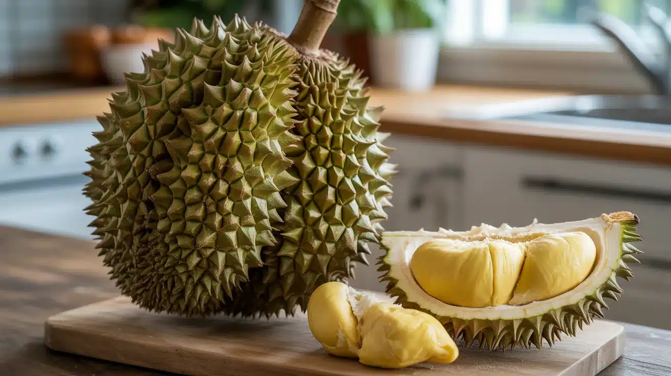 Whole durian fruit with spiky green shell and a cut section showing creamy yellow flesh on a wooden cutting board in a kitchen.