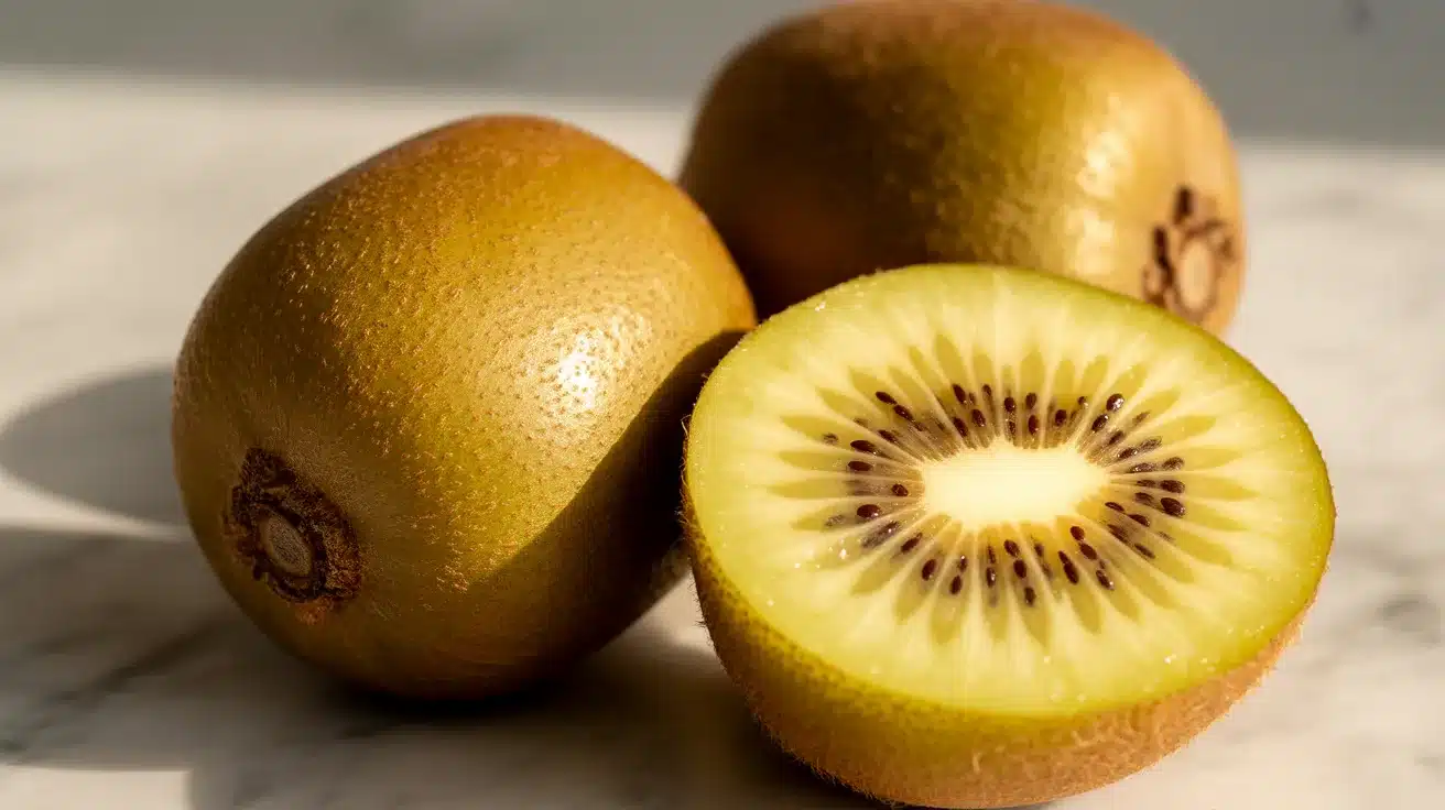 Whole golden kiwis and one sliced kiwi showing bright yellow flesh and small black seeds on a light surface.