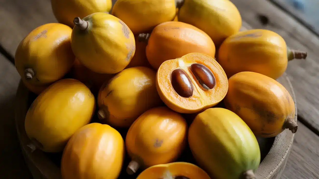 Whole lucuma fruits with yellow-orange skin and one cut open showing orange flesh and two large brown seeds in a bowl.