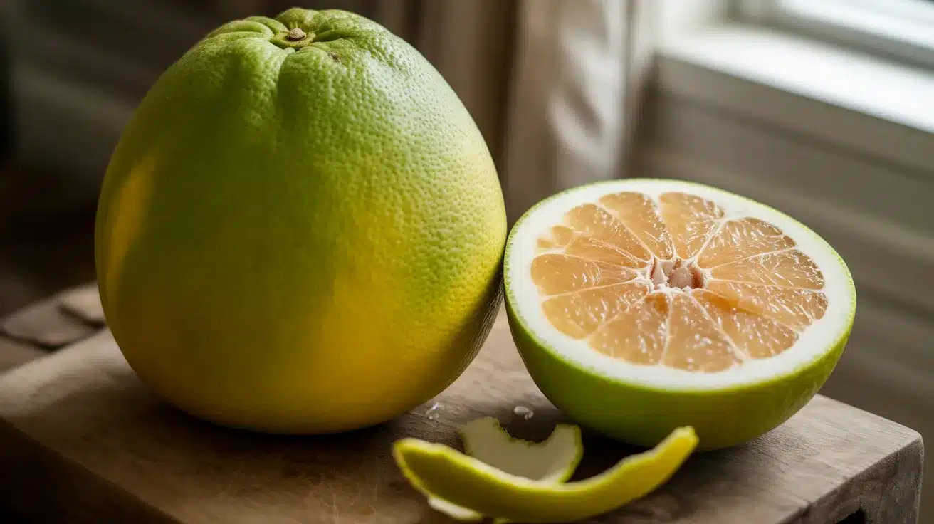 Whole pomelo and one half cut open, showing pale citrus flesh placed on a wooden surface near a window.