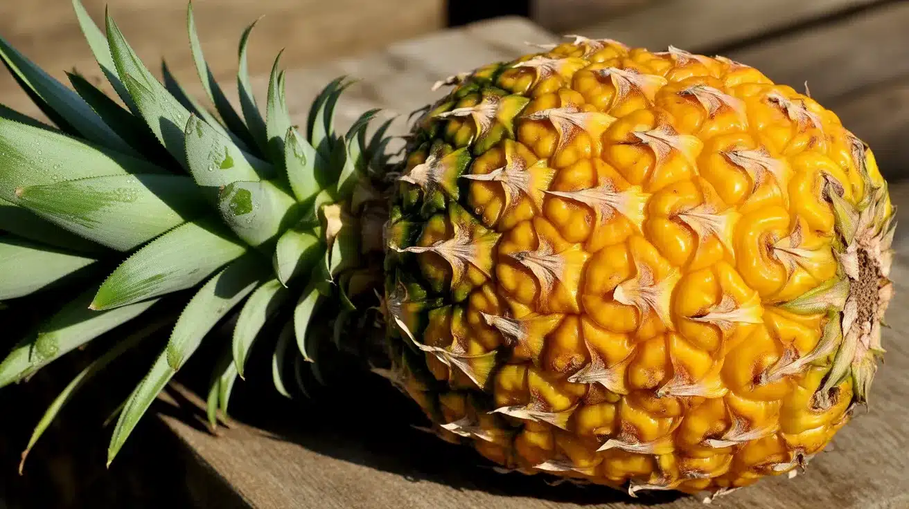 Whole ripe pineapple with green spiky leaves placed on a wooden surface in sunlight.
