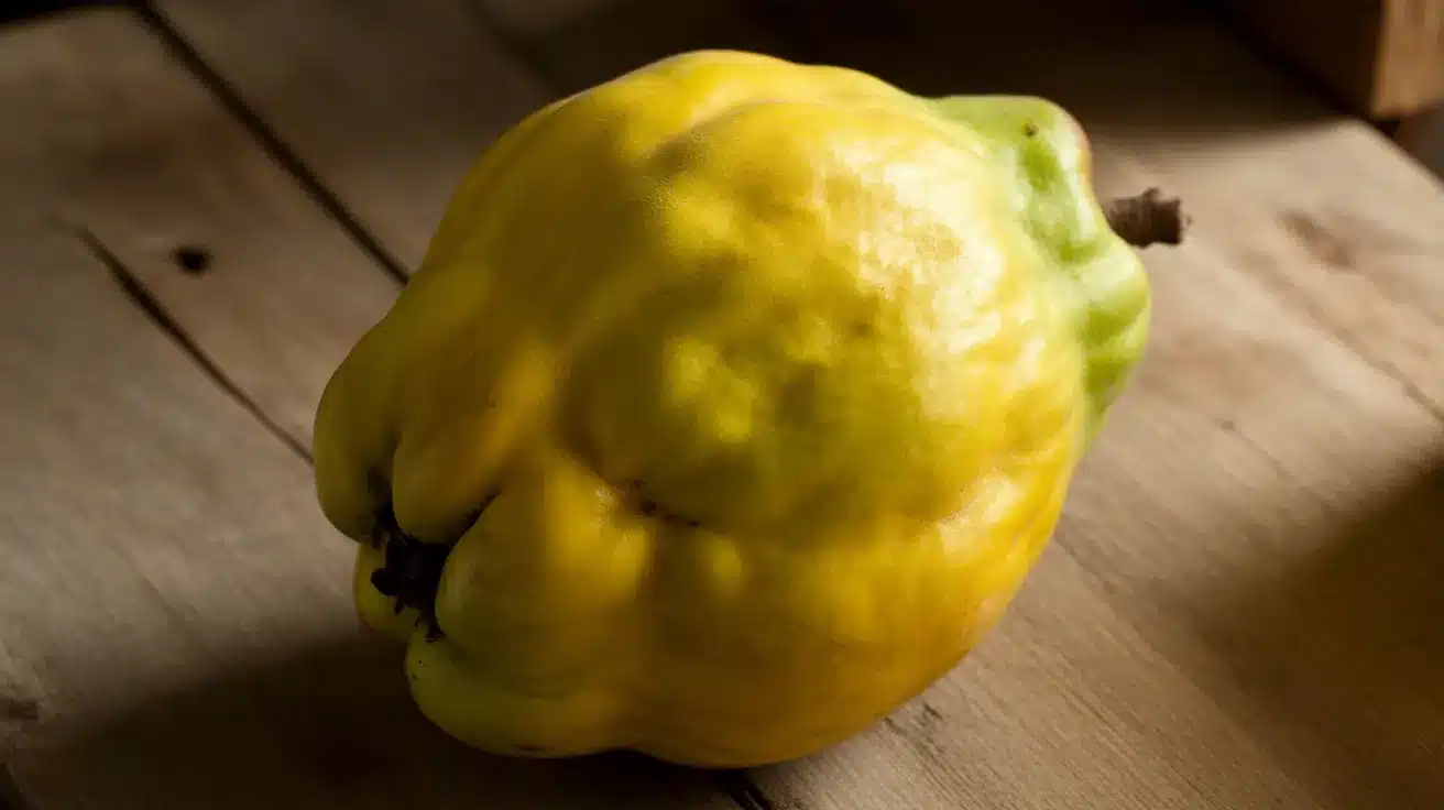 Whole ripe quince with yellow skin and slight green patches resting on a wooden surface in natural light.