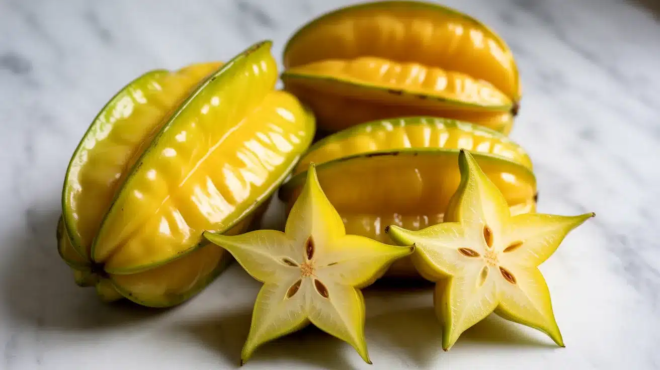 Whole star fruits and sliced star fruit pieces showing star-shaped yellow flesh with small seeds on a light surface.