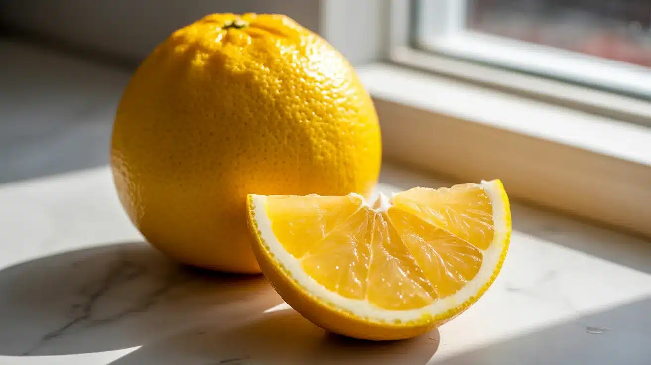 Whole yellow grapefruit and a sliced wedge showing juicy citrus flesh placed on a light surface near a window.