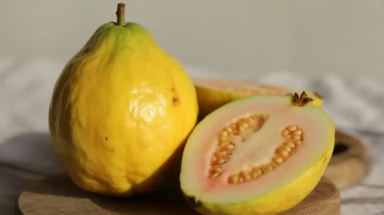 Whole yellow guava and one half cut open, showing pale pink flesh with small seeds placed on a wooden surface.