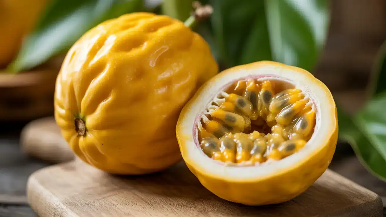 Whole yellow passion fruit and one half showing juicy pulp and black seeds placed on a wooden surface.