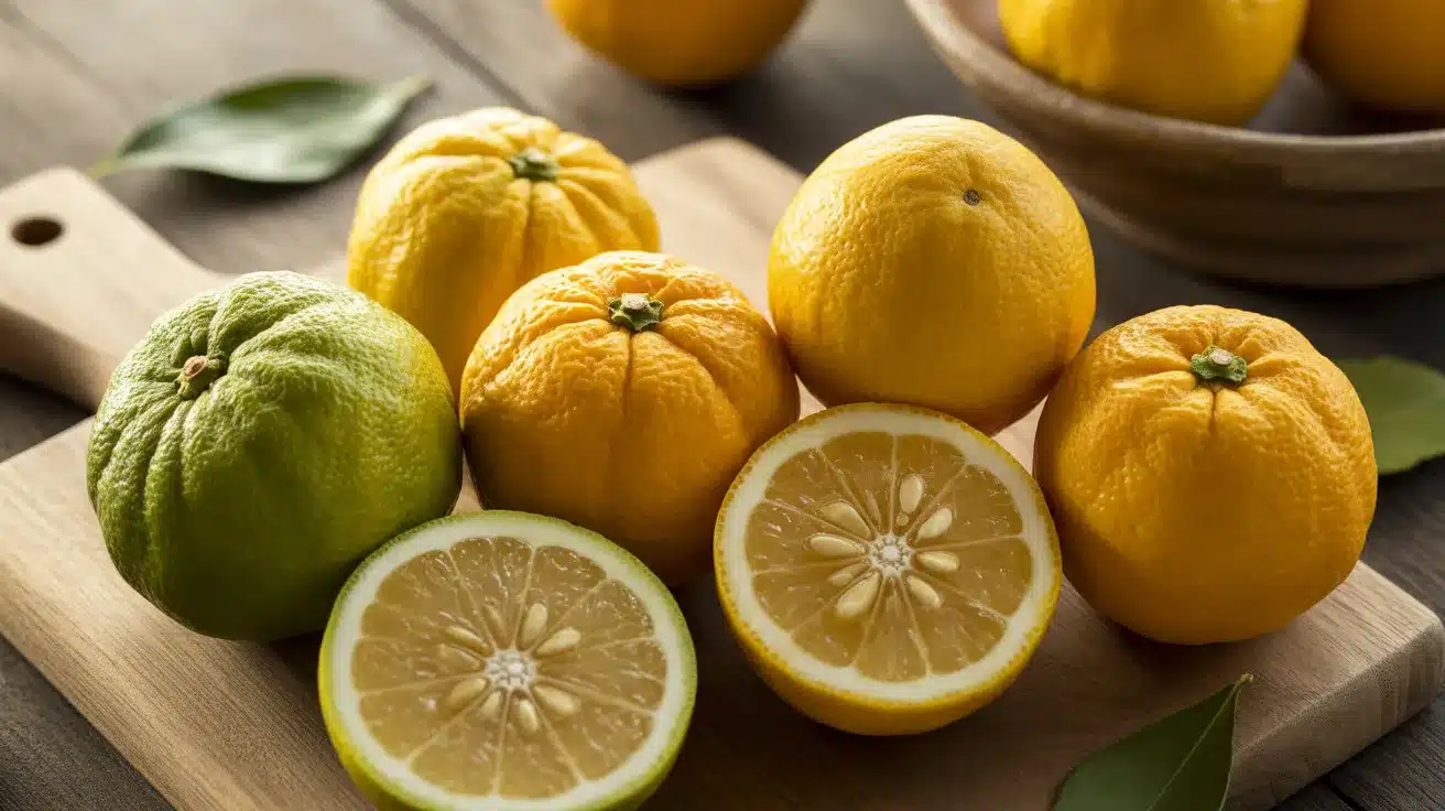 Whole yuzu citrus fruits and two halves showing pale yellow flesh and seeds arranged on a wooden cutting board.