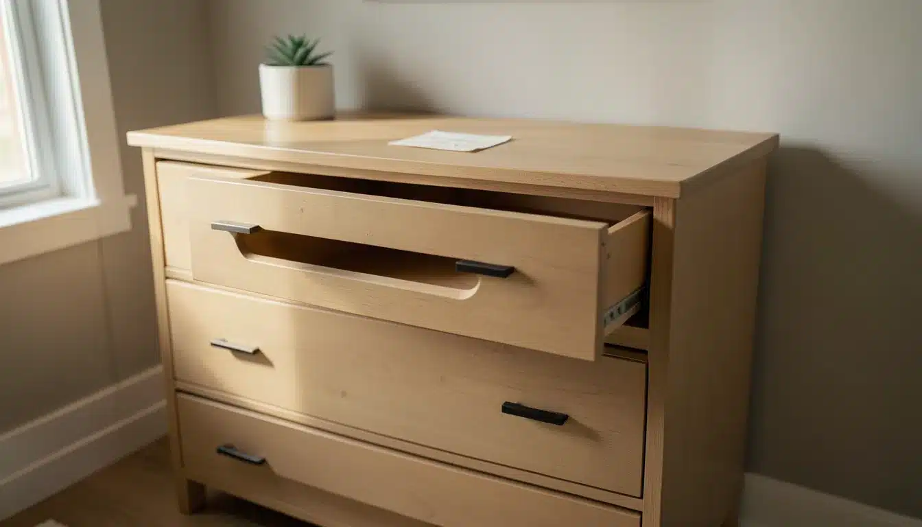 Wooden dresser with an open drawer in a guest room, offering storage space for visitors’ clothing and personal items.
