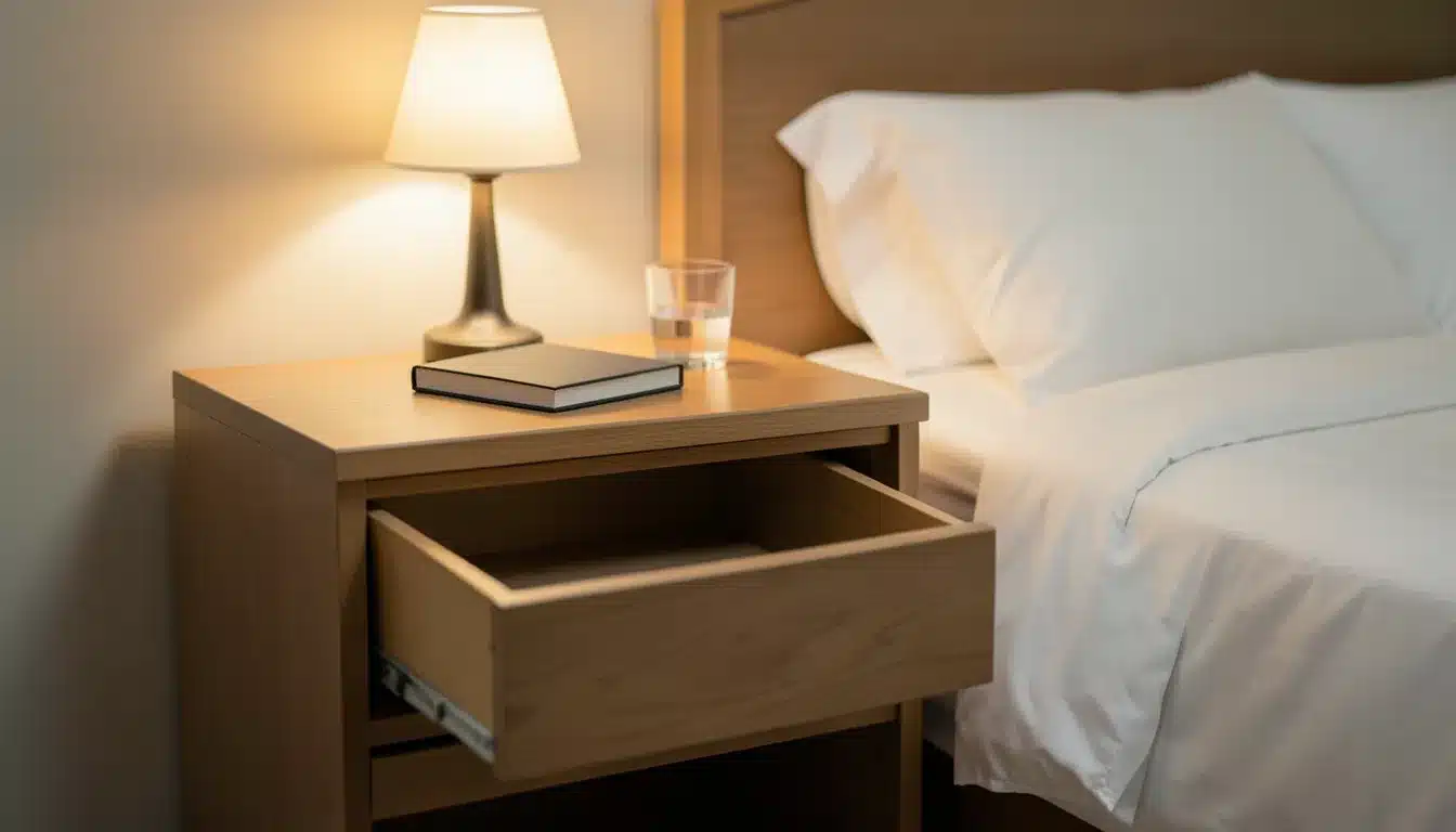 Wooden nightstand with an open storage drawer beside a bed, topped with a lamp, a book, and a glass of water.