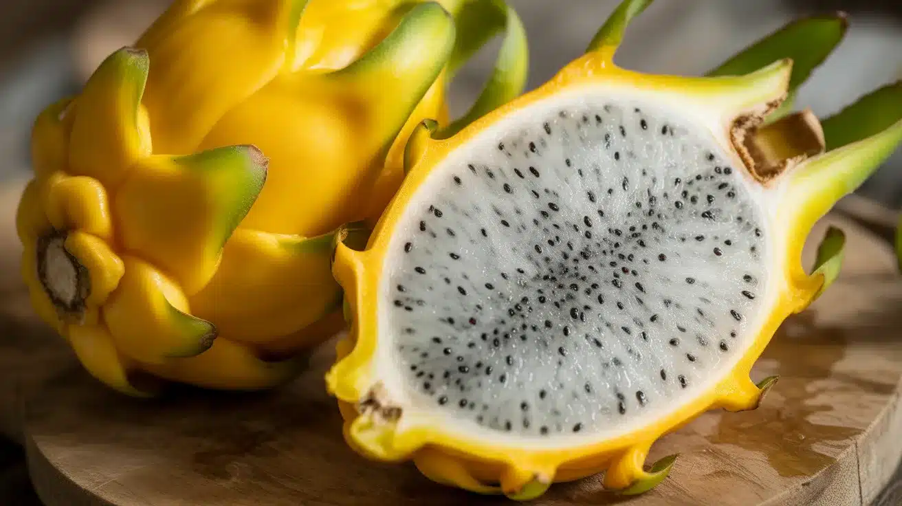 Yellow dragon fruit with green-tipped scales and one half cut open showing white flesh with small black seeds on a wooden surface.