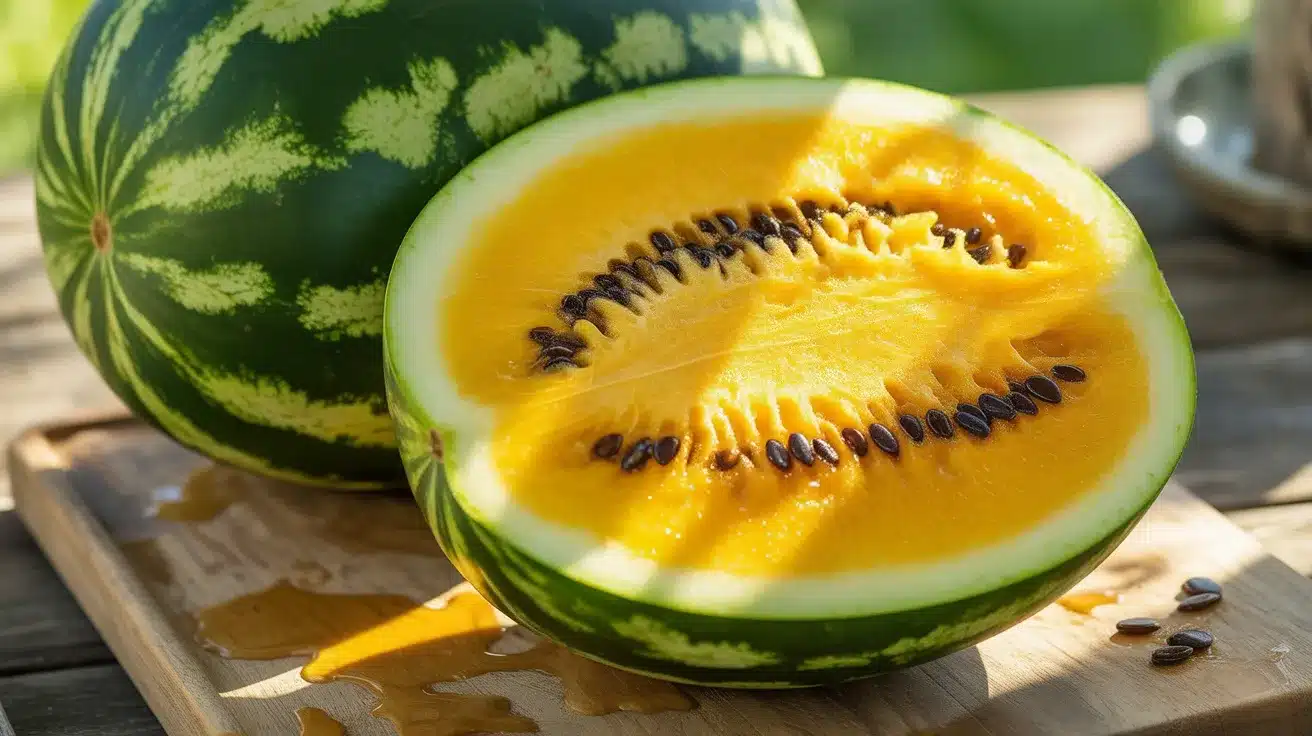 Yellow watermelon cut in half, showing bright yellow flesh and black seeds, placed on a wooden cutting board outdoors.