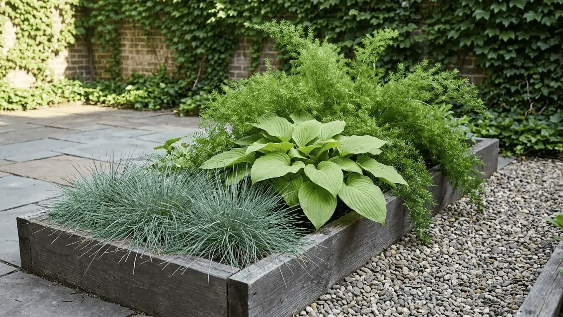 a compact raised garden bed with blue fescue, hosta, and asparagus fern in soft afternoon light